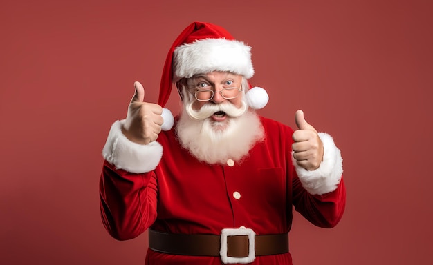 happy santa claus isolated holding smartphone in hand or megaphone shows thumbs up pointing