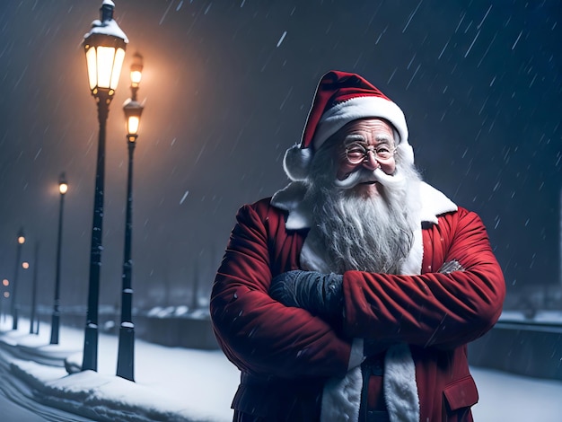 Happy Santa Claus outdoors in snowfall hands crossed Generative Ai