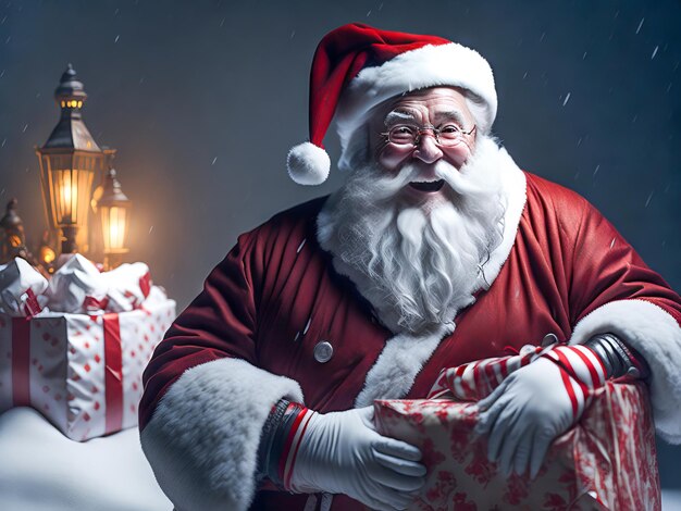 Happy Santa Claus outdoors in snowfall holding gifts for children Generative Ai