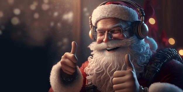 Happy santa listening to music with headset