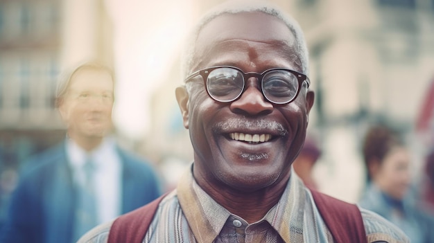 Happy satisfied black people senior woman wearing glasses portrait outside Generative Ai