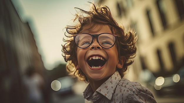 Happy satisfied boy wearing glasses portrait outside Generative Ai