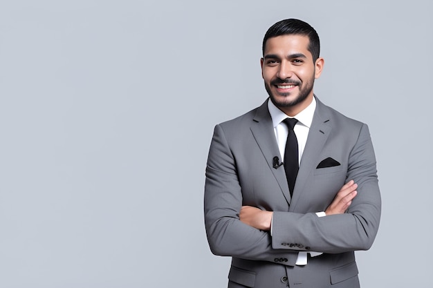 Happy satisfied mature businessman standing with arms crossed over gray background