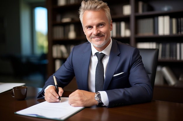 Happy satisfied middle aged professional business man executive ceo manager lawyer wearing suit sitting at desk signing law document writing signature making legal agreement corporate deal in office