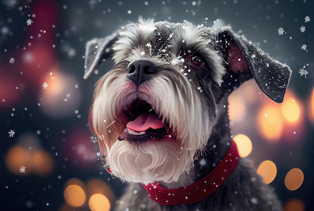 Happy Schnauzer dog in Santa Claus costume and shiny bokeh background Animal and Holiday concept Generative AI