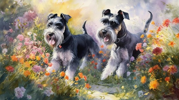 Happy schnauzer puppies playing in a sunlit garden Generative AI