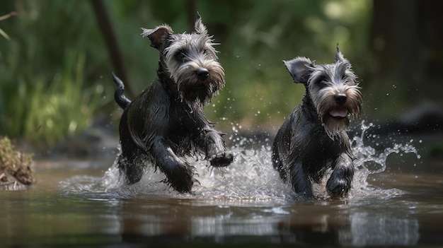 Happy schnauzer puppies splashing in a river Generative AI