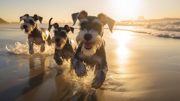 Happy schnauzer puppies splashing in a river Generative AI