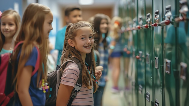 Photo happy school girl smiling at camera in front of green lockers