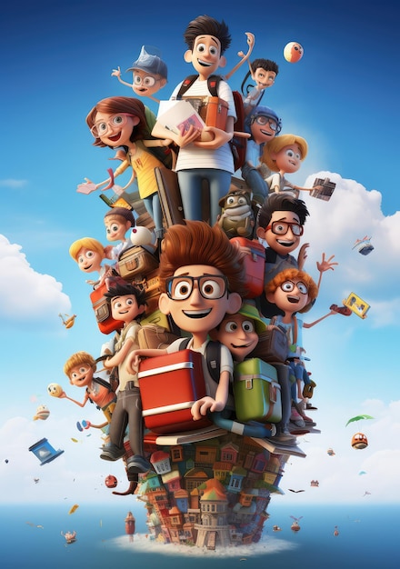 Happy School Squad Colorful 3D Character Poster Showcasing Friends Funfilled Moments as they Gear up for School