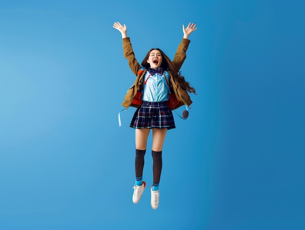 Photo a happy school student girl in school uniform jumping