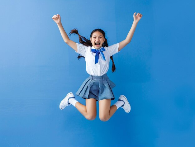 Photo a happy school student girl in school uniform jumping