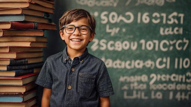 Happy schoolboy in glasses on chalkboard background