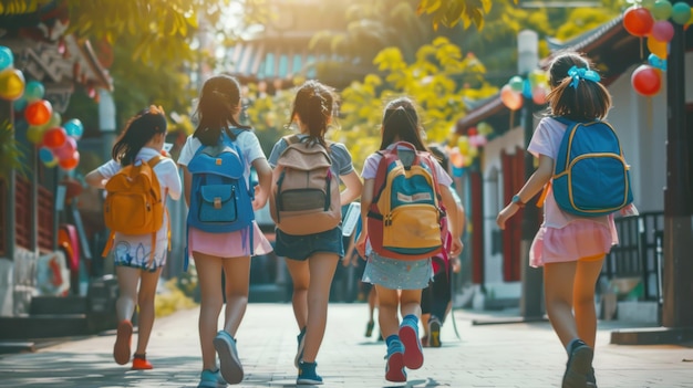 Happy schoolgirl primary school student with backpack running happily to celebrate entering class on first day back to school