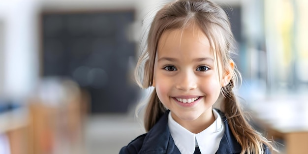 A Happy Schoolgirl in Uniform in a Classroom Portrait Concept Schoolgirl Photoshoot Classroom Setting Uniform Photography Happy Expression Portrait Session