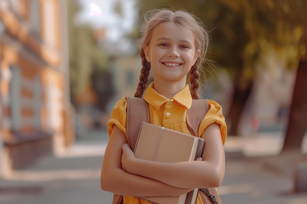 A happy schoolgirl with a backpack and books pressed to her chest is standing on the street