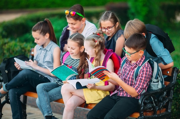 Happy Schoolmates Portrait. Schoolmates seating with books in a wooden bench in a city park and studying on sunny day.