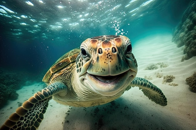 Happy sea turtle underwater looking and you and smiling illustration generative ai