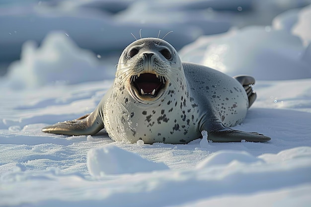 Photo a happy seal lying on the snow mouth open showing teeth in an arctic environment with high resolu