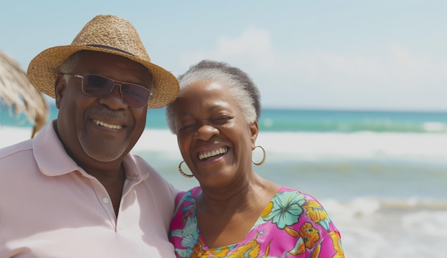 Happy senior african american couple laughing and standing together at the beach