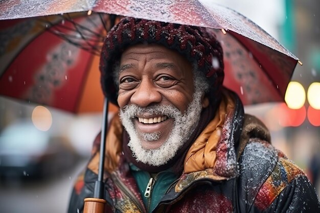 Happy senior afro man holding umbrella while walking outdoor in winter rainy day