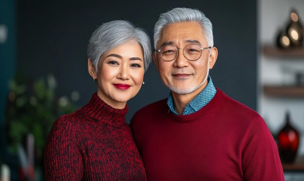 Photo happy senior asian couple portrait smiling together love retirement home interior