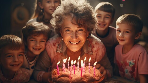 A happy senior citizen enjoying her birthday with her grandchildren around herGenerative Ai