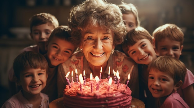 A happy senior citizen enjoying her birthday with her grandchildren around herGenerative Ai