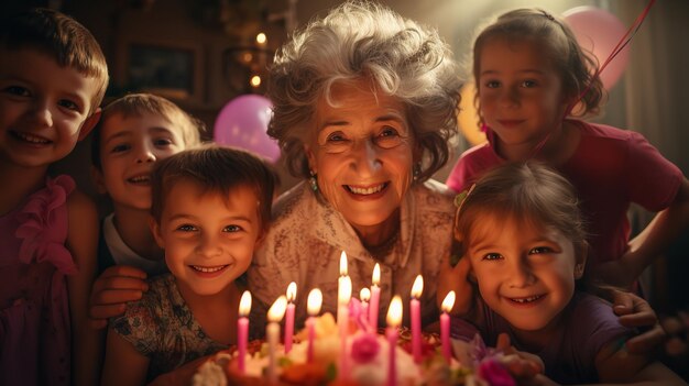 A happy senior citizen enjoying her birthday with her grandchildren around herGenerative Ai