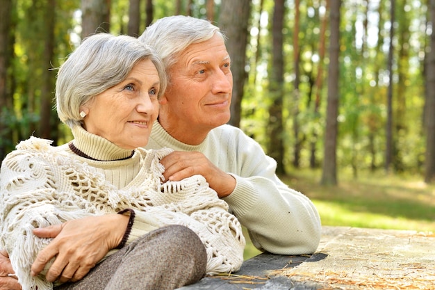 Happy senior couple in autumn park hugging