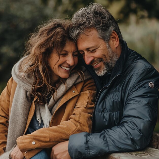 Happy senior couple in autumn park Smiling man and woman embracing