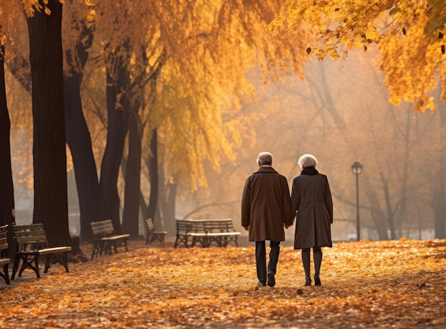 Happy senior couple in autumn park