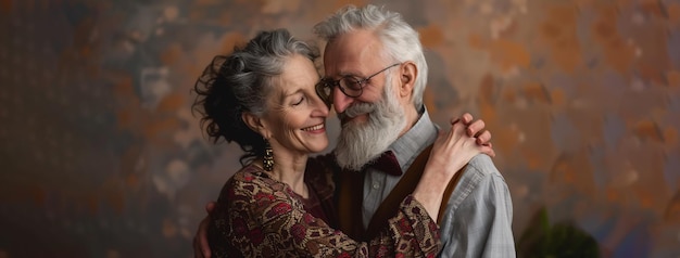 Happy senior couple dancing together in the studio