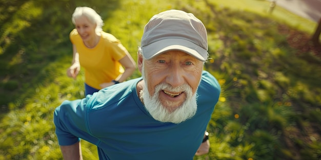 Photo a happy senior couple doing sport in the park generative ai