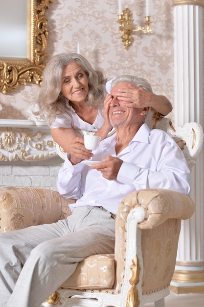 Happy senior couple drinking tea in cozy living room