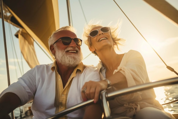 Happy senior couple enjoying sailing trip