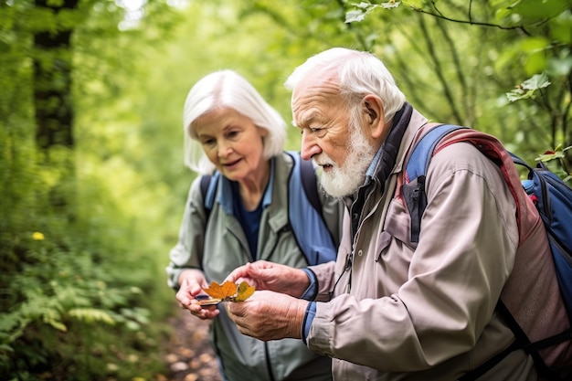 A happy senior couple geocaching in nature with a gps created with generative ai