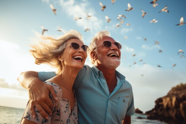 Happy senior couple having fun on the beach. They are wearing sunglasses and smiling