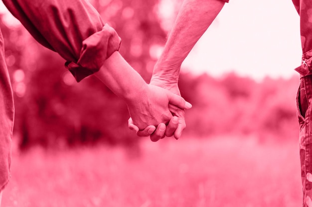 Happy senior couple holding hands hands man and woman hold each other romance love in elderly family husband and wife travel together in nature toned in viva magenta trend color of the year 2023