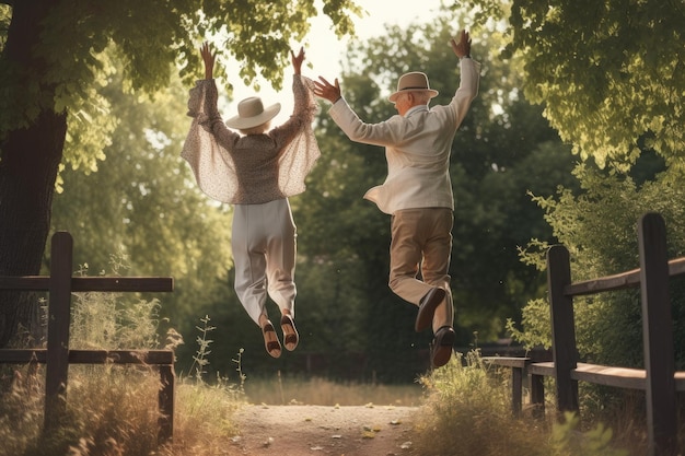 Happy senior couple jumping in a park on a summer day as seen from the back Generative AI