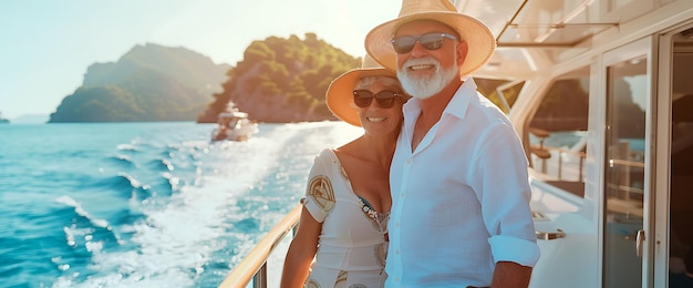 Happy senior couple in love enjoying a boat trip on a beautiful sunny day