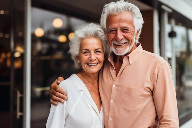 Happy senior couple married man and woman Smiling 50s partners portrait hugging Old valentines