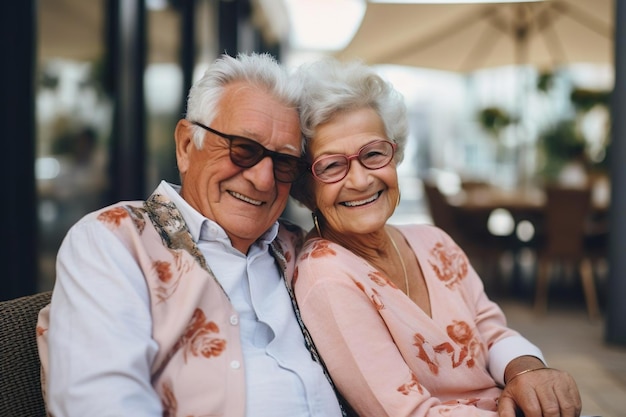 Happy senior couple married old man and woman sitting hugging Smiling grandparents portrait