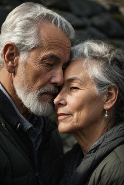 Happy senior couple portrait Closeup of an elderly grayhaired man and a woman hugging cuddling each other