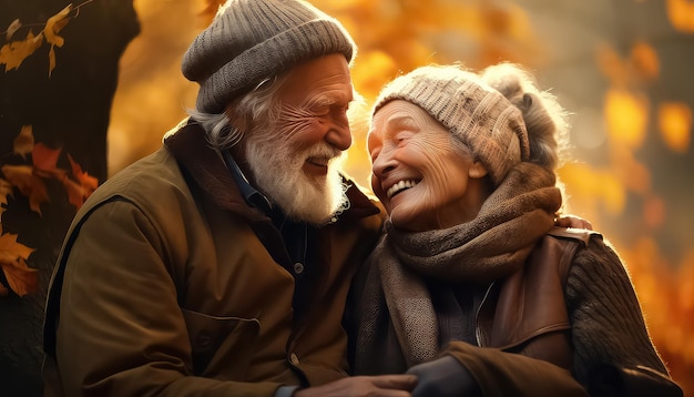 Happy senior couple relaxing in the autumn park