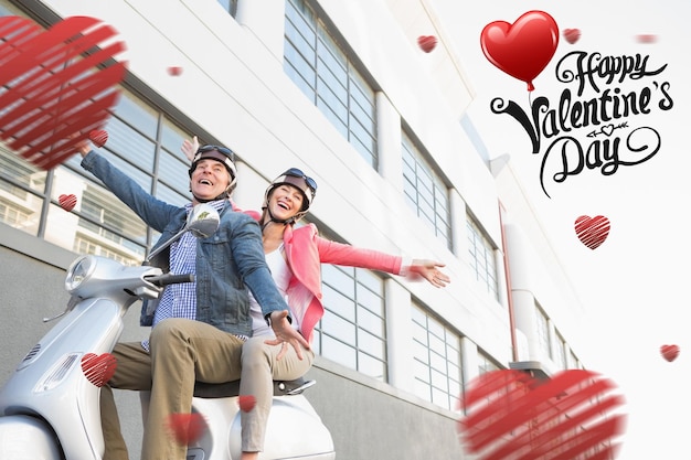 Happy senior couple riding a moped  against cute valentines message