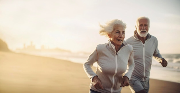 Happy senior couple running along ocean sea coast on summer day Generative AI