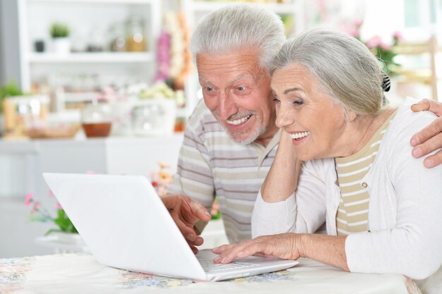 Happy senior couple using laptop