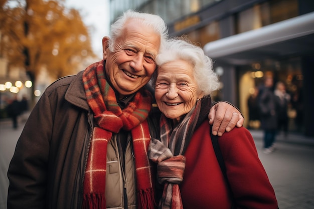 Happy senior couple walking in the city at autumn day They are looking at camera and smiling