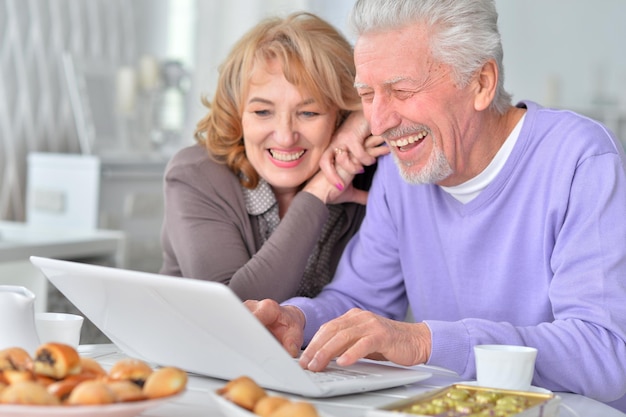 Happy senior couple with laptop